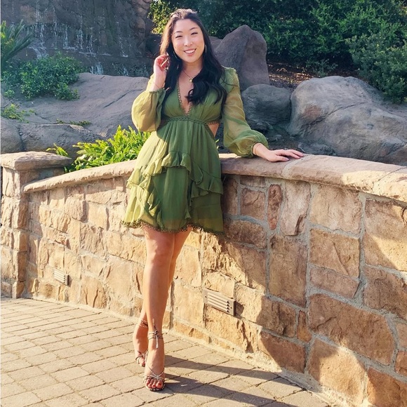 Olive Green Long Sleeve Romantic V Neck Ruffle Mini Dress size small - Picture 3 of 5